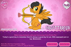 Size: 750x500 | Tagged: safe, derpibooru import, archery, arrow, bow (weapon), bow and arrow, horoscope, logo, my little pony logo, official, plunger, ponified, ponyscopes, sagittarius, sitting, smiling, text, weapon, zodiac