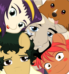 Size: 1049x1131 | Tagged: safe, artist:immortaltanuki, derpibooru import, cowboy bebop, edward wong hau pepelu tivrusky iv, ein, faye valentine, jet black, ponified, spike spiegel