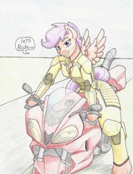 Size: 1244x1620 | Tagged: safe, artist:flicker-show, scootaloo, anthro, unguligrade anthro, arm hooves, dialogue, motorcycle, older, solo, traditional art