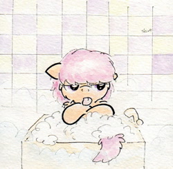 Size: 698x681 | Tagged: safe, artist:slightlyshade, derpibooru import, scootaloo, bath, bathtub, bubble bath, raspberry, solo, tongue out, traditional art, wet mane