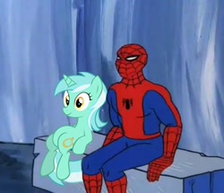 Size: 418x360 | Tagged: safe, derpibooru import, lyra heartstrings, 60s spider-man, crossover, image macro, meme, sitting, sitting lyra, spider-man