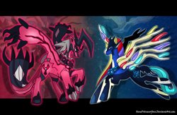 Size: 900x585 | Tagged: safe, artist:renepolumorfous, derpibooru import, pokémon, pokémon x and y, ponified, xerneas, yveltal