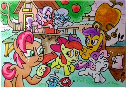 Size: 856x600 | Tagged: safe, artist:shuffle001, derpibooru import, apple bloom, babs seed, diamond tiara, scootaloo, silver spoon, sweetie belle, pig, one bad apple, apple, bullying, clubhouse, crusaders clubhouse, cutie mark crusaders, glasses, traditional art