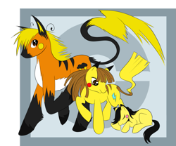 Size: 979x816 | Tagged: safe, artist:savannaeve, derpibooru import, pikachu, eyes closed, looking at you, pichu, pokémon, ponified, prone, raichu, raised hoof, sleeping, smiling, unshorn fetlocks