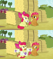 Size: 1280x1418 | Tagged: safe, artist:capnpea, derpibooru import, edit, edited screencap, screencap, apple bloom, babs seed, apple family reunion, business card, dragon code, fimbriae, wat