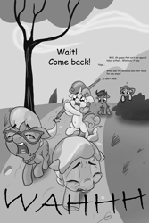 Size: 900x1350 | Tagged: safe, artist:gavalanche, derpibooru import, apple bloom, diamond tiara, scootaloo, silver spoon, sweetie belle, abuse, comic sans, monochrome, silverbuse, spoonabuse, tiarabuse