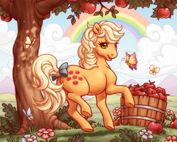 Size: 800x640 | Tagged: safe, artist:celesse, derpibooru import, applejack (g1), butterfly, pony, g1, apple, plot, rainbow, silly, silly pony, tree