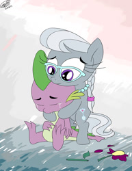 Size: 1024x1325 | Tagged: safe, artist:loreto-arts, silver spoon, spike, dragon, bipedal, comforting, crack shipping, crying, female, flower, glasses, hug, male, shipping, silverspike, spikelove, straight