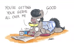 Size: 1885x1206 | Tagged: safe, artist:bobthedalek, oc, oc only, oc:mixed melody, oc:octavia's father, oc:octavia's mother, oc:ostinato melody, earth pony, pony, clothes, cold, cushion, duo, female, male, messy mane, mug, newspaper, on top, pajamas, prone, sick, thermometer, tissue box, traditional art