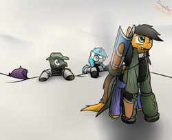 Size: 1209x980 | Tagged: safe, artist:the-furry-railfan, oc, oc only, oc:cross stitch, oc:minty candy, oc:moral fringe, oc:twintails, pegasus, pony, unicorn, fallout equestria, fallout equestria: occupational hazards, balefire bomb, balefire egg launcher, clothes, glasses, gun, heavy weapon, luger, pistol, power armor, rifle, snow, steel ranger, steel rangers, story