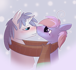 Size: 1280x1185 | Tagged: safe, artist:thecraftpony, derpibooru import, oc, oc only, oc:creative craft, bedroom eyes, blushing, boop, clothes, cute, eye contact, gay, male, nose wrinkle, noseboop, nuzzling, scarf, shared clothing, shared scarf, shipping, smiling, unnamed oc