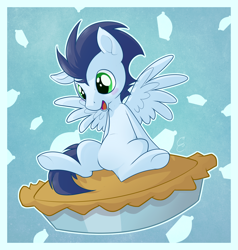 Size: 1990x2092 | Tagged: safe, artist:thecraftpony, derpibooru import, soarin', pegasus, pony, apple pie, chibi, cute, drool, featureless crotch, hooves, pie, soarinbetes, solo, that pony sure does love pies