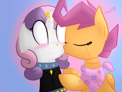 Size: 1280x960 | Tagged: safe, artist:gypsycuddles, derpibooru import, scootaloo, sweetie belle, blushing, female, kissing, lesbian, meanie belle, scootabelle, scootabot, shipping