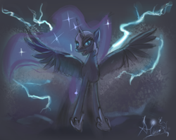 Size: 3321x2631 | Tagged: safe, artist:alumx, derpibooru import, nightmare moon, glowing eyes, lightning, looking at you, open mouth, smiling, solo, spread wings