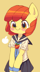 Size: 312x553 | Tagged: safe, artist:aruurara, derpibooru import, apple bloom, anthro, adorabloom, apple, blushing, clothes, cute, food, missing accessory, pixiv, sailor uniform, schoolgirl, simple background, skirt, solo, uniform, yellow background