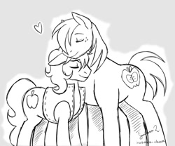 Size: 1008x840 | Tagged: safe, artist:hasana-chan, derpibooru import, big macintosh, braeburn, earth pony, pony, braemac, cute, eyes closed, floppy ears, gay, heart, incest, male, monochrome, neck nuzzle, nuzzling, shipping, sketch, smiling, stallion