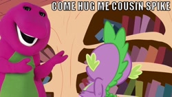 Size: 640x360 | Tagged: safe, derpibooru import, spike, dragon, barney, image macro, nightmare fuel