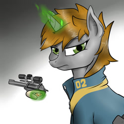 Size: 894x894 | Tagged: safe, artist:slouping, oc, oc only, oc:littlepip, pony, unicorn, fallout equestria, bust, fanfic, fanfic art, female, glowing horn, gradient background, gun, handgun, horn, levitation, little macintosh, looking at you, magic, mare, optical sight, portrait, revolver, simple background, solo, telekinesis, unhappy, vault suit, weapon