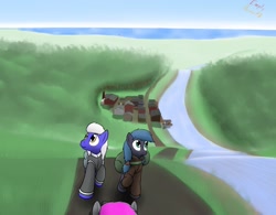 Size: 1280x996 | Tagged: safe, artist:the-furry-railfan, oc, oc only, oc:night strike, oc:static charge, earth pony, pegasus, pony, fallout equestria, fallout equestria: empty quiver, boat, clothes, duffle bag, forest, hill, ocean, river, road, town, tree