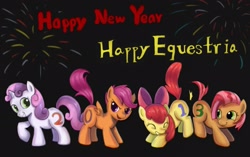 Size: 2169x1359 | Tagged: safe, artist:10307, derpibooru import, apple bloom, babs seed, scootaloo, sweetie belle, 2013, cutie mark crusaders, fireworks, happy new year, pixiv