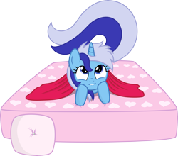 Size: 9629x8468 | Tagged: safe, artist:agamnentzar, artist:ojhat, artist:tryhardbrony, derpibooru import, minuette, absurd resolution, bed, blanket, cute, lip bite, looking up, mattress, messy mane, pillow, prone, simple background, smiling, solo, transparent background, vector