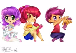 Size: 2000x1400 | Tagged: safe, artist:daughter-of-fantasy, derpibooru import, apple bloom, scootaloo, sweetie belle, cutie mark crusaders, humanized, plushie