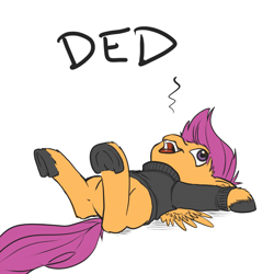 Size: 600x600 | Tagged: safe, artist:aphexangel, derpibooru import, scootaloo, clothes, cute, cutealoo, dead, hooves, on back, reaction image, solo, stalkerloo, sweater, unshorn fetlocks