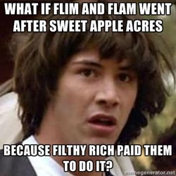 Size: 400x400 | Tagged: safe, derpibooru import, filthy rich, all caps, conspiracy keanu, exploitable meme, flim flam brothers, impact font, meme, theory