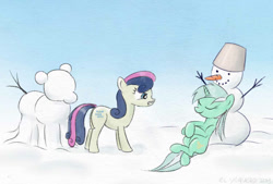 Size: 640x433 | Tagged: safe, artist:el-yeguero, derpibooru import, bon bon, lyra heartstrings, sweetie drops, bon bon is not amused, snow, snowman, snowpony