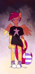 Size: 577x1232 | Tagged: safe, artist:mewball, derpibooru import, scootaloo, anthro, bandage, serious face, solo