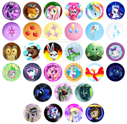 Size: 800x776 | Tagged: safe, artist:fanaticalfactory, derpibooru import, angel bunny, applejack, derpy hooves, discord, doctor whooves, fluttershy, gummy, nightmare moon, octavia melody, opalescence, owlowiscious, philomena, pinkie pie, princess cadance, princess celestia, princess luna, queen chrysalis, rainbow dash, rarity, shining armor, spike, tank, twilight sparkle, vinyl scratch, winona, alicorn, alligator, cat, changeling, changeling queen, dog, draconequus, dragon, earth pony, owl, pegasus, pony, tortoise, unicorn, bust, cutie mark, female, male, mare, simple background, stallion, white background