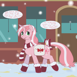 Size: 1280x1280 | Tagged: safe, artist:redintravenous, derpibooru import, oc, oc only, oc:red ribbon, bow, clothes, freckles, hearth's warming eve, mittens, saddle bag, scarf, snow, snowfall, solo, speech, tumblr, winter coat