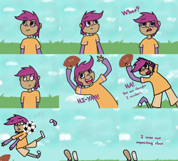 Size: 1640x1488 | Tagged: safe, derpibooru import, scootaloo, ask, comic, football, humanized, prosthetics, some days chicken