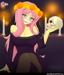 Size: 1083x1265 | Tagged: safe, artist:clouddg, fluttershy, human, equestria girls, bare shoulders, big breasts, breasts, cempasúchil, cleavage, clothes, dia de los muertos, dress, face paint, female, holiday, hootershy, looking at you, signature, skull, solo