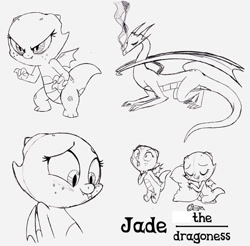 Size: 650x640 | Tagged: safe, artist:queencold, derpibooru import, oc, oc only, oc:jade, dragon, baby dragon, dragon oc, dragoness, gem, monochrome, pillow, sketch dump