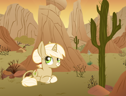 Size: 598x457 | Tagged: safe, artist:sambragg, derpibooru import, oc, oc only, oc:prarie flower, hybrid, mule, muleicorn, pony, unicorn, cactus, desert, female, interspecies offspring, offspring, prone, saguaro cactus, socks (coat marking), solo