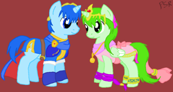 Size: 915x485 | Tagged: safe, artist:pechascarfrider, derpibooru import, alicorn, pony, unicorn, clothes, fire emblem, manakete, marth, ponified, tiki