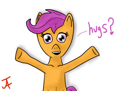 Size: 1024x768 | Tagged: safe, artist:jaf, derpibooru import, scootaloo, pegasus, female, filly, hug, orange coat, purple mane, solo