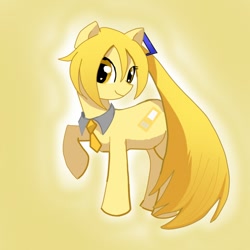 Size: 600x600 | Tagged: safe, artist:baster037, derpibooru import, pony, akita neru, collar, fanloid, female, head tilt, looking at you, mare, necktie, ponified, sidetail, simple background, smiling, vocaloid, yelllow eyes, yellow background