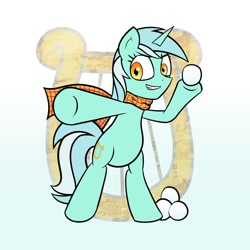 Size: 894x894 | Tagged: safe, artist:boumce, derpibooru import, lyra heartstrings, pony, bipedal, clothes, cutie mark background, grin, scarf, snow, snowball, solo