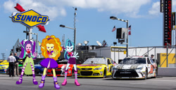 Size: 2048x1057 | Tagged: safe, adagio dazzle, aria blaze, sonata dusk, equestria girls, rainbow rocks, car, chevrolet, chevrolet ss, danica patrick, daytona 500, equestria girls in real life, ford, ford fusion, justin allgaier, landon cassill, mike wallace, nascar, paul menard, photo, race track, racecar, the dazzlings, toyota, toyota camry