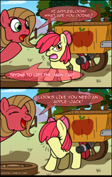 Size: 600x949 | Tagged: safe, artist:ladyanidraws, derpibooru import, apple bloom, oc, oc:pun, ask pun, comic, pun