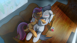 Size: 1366x768 | Tagged: safe, artist:skwareblox, derpibooru import, rumble, scootaloo, blushing, cuddling, cute, female, love, male, nuzzling, older, rumbloo, shipping, straight, teenager