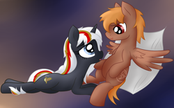 Size: 1280x801 | Tagged: safe, artist:jetwave, derpibooru import, oc, oc only, oc:calamity, oc:velvet remedy, pegasus, pony, unicorn, fallout equestria, brand, branding, cutie mark, dashite, fanfic, fanfic art, female, hooves, horn, lying down, male, mare, open mouth, pillow, sitting, spread wings, stallion, velamity, wings