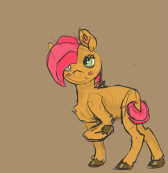 Size: 1059x1096 | Tagged: safe, artist:weepysheep, derpibooru import, babs seed, earth pony, pony, blushing, brown background, simple background, solo, unshorn fetlocks