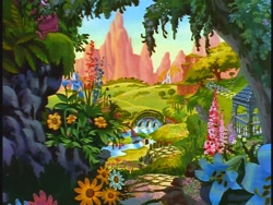 Size: 640x480 | Tagged: safe, derpibooru import, screencap, g1, my little pony: the movie (g1), background, flower, flutter valley, foxglove, lily (flower), no pony, pretty, scenery