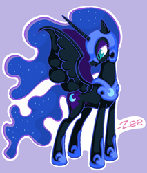 Size: 850x1000 | Tagged: safe, artist:chaowzee, derpibooru import, nightmare moon, alicorn, pony, female, mare, outline, purple background, simple background, solo