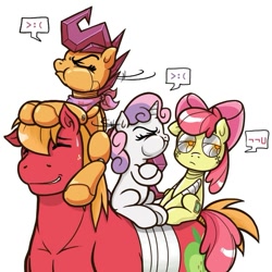 Size: 623x623 | Tagged: safe, artist:redhotkick, derpibooru import, apple bloom, big macintosh, scootaloo, sweetie belle, sweetie bot, earth pony, pegasus, pony, robot, robot pony, unicorn, >:c, apple bloom bot, ask big red macintosh, bandage, blank flank, cutie mark, cutie mark crusaders, eyes closed, female, filly, foal, frown, hooves, horn, male, ponies riding ponies, puffy cheeks, riding, scootabot, simple background, sitting, stallion, white background
