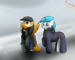 Size: 1280x1022 | Tagged: safe, artist:the-furry-railfan, oc, oc only, oc:minty candy, oc:twintails, pegasus, pony, unicorn, fallout equestria, fallout equestria: occupational hazards, clothes, coat, glasses, gun, holster, pipbuck, pistol, weapon