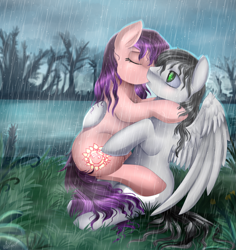 Size: 1987x2106 | Tagged: safe, artist:pridark, oc, oc only, earth pony, pegasus, pony, couple, female, kissing, male, outdoors, rain, straight